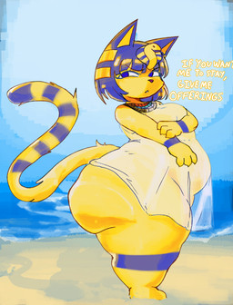 anthro barefoot beach belly big_butt blue_eyes blue_hair blue_sky bottom_heavy breasts butt clothed clothing command day dress feet female frown fur glaring_at_viewer hair huge_butt looking_at_viewer medium_breasts outside overweight overweight_anthro overweight_female pear-shaped_figure sea side_view sky solo standing talking_to_viewer text thick_thighs translucent translucent_clothing translucent_dress water white_clothing white_dress wide_hips yellow_body yellow_fur gummyfruitcup animal_crossing nintendo ankha_(animal_crossing) domestic_cat felid feline felis mammal 2026 english_text full-length_portrait hi_res portrait
