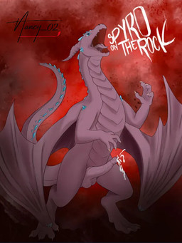 anthro blue_horn blue_spikes claws digitigrade fire genitals horn https://www.furaffinity.net/user/nancy02/ looking_up male muscular open_mouth penis purple_body roaring rock scales solo standing tail volcanic wings nancy_02 activision mythology spyro_the_dragon the_legend_of_spyro fan_character spyro dragon mythological_creature mythological_scalie scalie digital_media_(artwork) full-length_portrait portrait