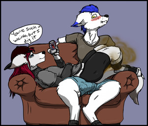 anthro backwards_baseball_cap backwards_hat baseball_cap becoming_erect black_border blue_body blue_eyes blue_fur blue_hair blush border bottomwear brown_sofa cellphone claws clothed clothed_anthro clothed_female clothed_male clothing dipstick_ears dipstick_tail duo ear_markings electronics eyebrows fart fart_cloud farting_on_another female female_farting finger_claws footwear fur furniture grey_background grey_body grey_fur hair hair_through_hat hat headgear headwear holding_cellphone holding_object holding_phone holding_smartphone long_hair lying lying_on_another lying_on_sofa male markings multicolored_ears narrowed_eyes on_sofa phone raised_eyebrows red_hair shirt shorts simple_background sitting sitting_on_sofa smartphone smile socks sofa speech_bubble tail tail_markings talking_to_another teasing text toe_claws toeless_footwear toeless_socks topwear white_body white_fur yellow_eyes shiversoft english_text hi_res