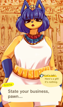 angry anthro blue_hair bracelet caption_box clothed clothing dialogue dialogue_box female fur hair jewelry looking_at_viewer looking_down markings necklace open_mouth robe selection_menu simple_background slightly_chubby solo speech_bubble stripes tail text text_box tongue unimpressed yellow_body yellow_fur dennhaze animal_crossing nintendo ankha_(animal_crossing) felid feline mammal absurd_res digital_media_(artwork) english_text hi_res