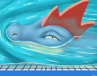 ambiguous_gender blue_body blue_water feral frill_(anatomy) glistening glistening_water head_crest head_frill looking_at_viewer mostly_submerged partially_submerged red_frill ripples solo swimming swimming_pool tile water yellow_eyes bernad_(artist) nintendo pokemon feraligatr generation_2_pokemon pokemon_(species) 2026 dated hi_res signature