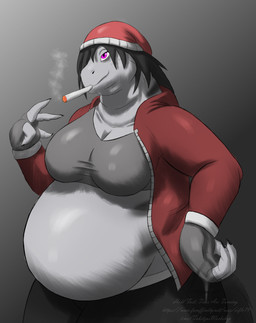 anthro beanie belly breasts cigarette clothing drugs feathers female fingerless_gloves gloves hair handwear hat headgear headwear jacket marijuana obese overweight smoking topwear tube_top eifle79 feathered_scalie feathered_snake reptile scalie snake absurd_res half-length_portrait hi_res portrait