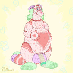 abdl anthro baby_bottle balls belly big_belly big_tail clean_diaper constellation diaper diaper_tape feet flower_symbol genitals green_diaper green_ears green_feet hand_on_belly heart_symbol leaf_symbol looking_at_viewer male markings moon_symbol penis pink_body pink_diaper pink_paws purple_balls purple_diaper simple_background solo star_symbol tail translucent translucent_penis yellow_background monocerus pad_(monocerus) animate_inanimate diaper_creature 1:1 absurd_res hi_res