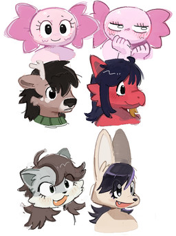 anthro black_hair blush brown_body brown_hair ears_up facing_right fangs female grey_body hair horn male nervous pink_body red_body smile tan_body teeth kint mythology normalsville abbey_(normalsville) amber_(normalsville) esme_(normalsville) june_(normalsville) leo_(normalsville) amphibian aquatic axolotl canid canine deer domestic_cat dragon felid feline felis fennec_fox fox mammal mole_salamander mythological_creature mythological_scalie salamander scalie tabby_cat true_fox headshot_portrait portrait
