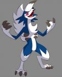 ambiguous_gender anthro blue_body blue_fur claws fur grey_background hands_open open_mouth pink_eyes simple_background smile solo teeth_showing tongue_showing white_body white_fur thegreatmatsutzu nintendo pokemon generation_7_pokemon lycanroc midnight_lycanroc pokemon_(species) shiny_pokemon