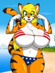 american_flag american_flag_bikini anthro areola big_breasts bikini black_nose breasts clothing female flag flag_bikini flag_clothing flag_print flag_swimwear fur green_eyes hair huge_breasts hyper nipples orange_body orange_fur print_bikini print_clothing print_swimwear smile solo stripes swimwear two-piece_swimsuit united_states_of_america wide_hips tabykat tabytha_starling felid mammal pantherine tiger hi_res