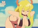 2019 2d_animation 4:3 animated areola beach bent_over big_breasts bikini blonde_hair blue_hair bluethebone bra breasts cleavage clothed clothing eyelashes eyes_closed female frame_by_frame gradient_hair green_eyes green_hair hair horn horned_humanoid huge_breasts humanoid looking_at_viewer miss_kobayashi's_dragon_maid multicolored_hair nipples not_furry quetzalcoatl_(dragon_maid) retro seaside short_playtime smile solo swimwear two_tone_hair underwear undressing vhs vhs_filter
