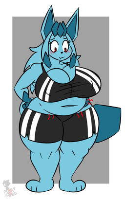 3_toes anthro belly big_breasts biped black_nose blue_hair blush border bottomwear breasts cleavage clothed clothing crop_top curvy_figure embarrassed eyelashes feet female front_view hair hand_on_belly hand_on_hip hungry long_hair looking_down midriff navel nipple_outline overweight overweight_anthro overweight_female pokemorph red_eyes rumbling_stomach shirt shorts slightly_chubby solo standing tank_top thick_thighs toes topwear voluptuous white_border wide_hips kingretrokirby nintendo pokemon gwen_(kingretrokirby) eeveelution generation_4_pokemon glaceon pokemon_(species) 2020 absurd_res aliasing digital_media_(artwork) hi_res signature