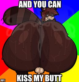 anthro balls big_butt black_nose bodily_fluids bottom_heavy bottomless bottomless_anthro bottomless_male brown_body brown_fur brown_hair bubble_butt butt butt_focus clothed clothing eyebrows femboy fur genitals glistening glistening_butt hair head_turned huge_butt kiss_my_ass looking_back male male_anthro markings musk musky_butt penis rear_view round_ears shirt small_balls small_penis smile smirk solo striped_markings striped_tail stripes sweat sweaty_butt tail tail_markings tan_body tan_fur teeth text thick_thighs topwear ghostfuckrr panna_cotta_(ghostfuckrr) canid canine mammal raccoon_dog tanuki 2026 absurd_res colored digital_drawing_(artwork) digital_media_(artwork) hi_res impact_(font) meme