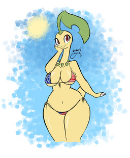 american_flag american_flag_bikini anthro anthrofied bikini bikini_top blue_sky blush clothing female flag_bikini long_neck navel nipple_outline panties pokemorph red_eyes sky smile solo sun swimwear two-piece_swimsuit underwear united_states_of_america wayesh nintendo pokemon bayleef generation_2_pokemon pokemon_(species) 2022 absurd_res dated hi_res signature