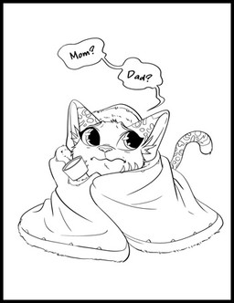 anthro bedding big_pupils blanket covering covering_self facial_markings female flashlight fur head_markings holding_object linked_speech_bubble long_tail looking_aside markings pupils simple_background solo speech_bubble spots spotted_body spotted_fur striped_markings stripes tail text worried young ruffu pepper_in_the_sandbox pepper_(ruffu) felid feline mammal serval digital_drawing_(artwork) digital_media_(artwork) low_res monochrome sketch