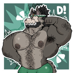 accessory anthro arm_hair armpit_hair beard belly_hair biceps big_nipples black_hair body_hair bone bone_mask bottomwear chest_hair clothed clothing devin_(crococola) facial_hair flexing flexing_bicep fur grey_body grey_fur hair hairy headband headgear headwear male mask multicolored_body multicolored_fur muscular muscular_anthro muscular_male nipples orange_hair_tips ponytail raised_arm sharp_teeth shorts shortstack simple_background skull skull_head skull_mask smile solo spiky_hair tail teeth text topless crococola canid canine canis mammal skulldog_(species) wolf 1:1 hi_res