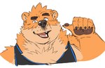 anthro black_clothing black_shirt black_tank_top black_topwear claws clothing eyebrows finger_claws fur gesture hand_gesture male orange_body orange_fur pawpads pointing pointing_at_self raised_eyebrow shirt simple_background smile smirk solo tank_top teeth topwear white_background rossciaco kumamoto_(character) bear mammal ursine