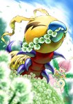 ambiguous_gender antennae_(anatomy) beak cercus claws cloud day detailed_background eyeless feral flower group leaf outside plant sky trio yellow_body odenzzi bandai_namco digimon arthropod digimon_(species) kunemon salamon hi_res