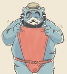 anthro asian_clothing belly big_belly black_nose blue_body clothing dressing dressing_up east_asian_clothing eyes_closed fundoshi hat headgear headwear japanese_clothing kemono male overweight overweight_male red_clothing red_fundoshi red_underwear scar simple_background solo underwear garouzuki tamacolle bear mammal 2023 hi_res