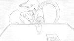 16:9 animal_crossing anthro biped blush bodily_fluids clothed clothing domestic_cat dragonweirdo felid feline felis greyscale hi_res mammal marshal_(animal_crossing) monochrome nervous nintendo olivia_(animal_crossing) open_mouth open_smile rodent sciurid sitting smile sweat sweatdrop tail tree_squirrel widescreen