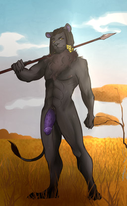 abs anthro black_body black_fur dreadlocks fur genitals gold_(metal) male melanistic melee_weapon muscular muscular_anthro outside penile_spines penis polearm purple_penis savanna solo spear weapon fake_anna horus_wild felid lion mammal pantherine hi_res