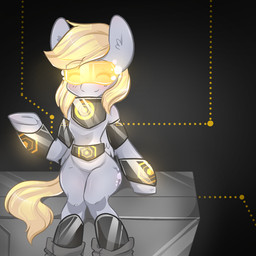anthro anthrofied armor big_ears biped black_background blonde_hair blush clothed clothing cutie_mark eyes_closed eyewear feathered_wings feathers featureless_crotch female feral fur future grey_body grey_feathers grey_fur hair long_hair science_fiction simple_background sitting smile solo unconvincing_armor wings camelliachu friendship_is_magic hasbro my_little_pony mythology derpy_hooves_(mlp) equid equine mammal mythological_creature mythological_equine pegasus 1:1 2013