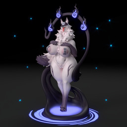 anthro areola areola_slip belly big_areola big_breasts bottomless breasts cloak clothed clothing covered_nipples curvy_figure dark_body digitigrade fangs female female_anthro fingers fire fluffy fur genitals hand_on_breast huge_breasts ineffective_clothing kemono magic_user markings mask mostly_nude neck_tuft nipple_outline ofuda ofuda_on_breast pasties slightly_chubby smile solo standing talisman tape teeth text text_on_pasties thick_thighs translucent translucent_clothing tuft voluptuous vulva white_body general_buta amaverse mythology haumi canid canine demon fox mammal mythological_canine mythological_creature mythological_fox spirit 1:1 3d_(artwork) digital_media_(artwork)