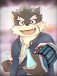 anthro blush eyebrows fur grey_body grey_fur looking_at_viewer male sharing_beverage smile solo thick_eyebrows takayumi_ponzu lifewonders tokyo_afterschool_summoners moritaka_(tas) canid canine canis domestic_dog mammal 3:4