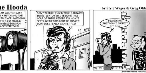 anthro binoculars breasts clothed clothed_female clothed_male clothing dialogue duo electronics female fur hair headgear headphones headset male tail text style_wager dela_the_hooda ripley_nezumi human mammal murid murine rat rodent 2003 comic english_text greyscale monochrome