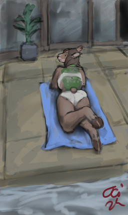 anthro bottomwear brown_body brown_fur brown_hair clothing detailed_background female fur hair hotpants long_hair looking_back plant plant_pot poolside potted_plant rear_view shorts solo swimming_pool towel jeri_kleinlowe deer mammal 2024 absurd_res colored dated hi_res signature