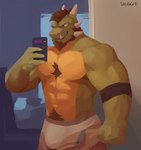 anthro beard biceps bisexual_pride_colors body_hair bulge chest_hair clothing electronics facial_hair horn lgbt_pride male mirror_selfie multicolored_body muscular muscular_anthro muscular_male pecs phone pride_colors selfie sharp_teeth smile solo teeth underwear shugggie mythology willi dragon mythological_creature mythological_scalie scalie hi_res