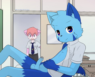 anthro balls blue_body blue_eyes blue_fur caught_in_the_act classroom clothed clothing duo erection foreskin fur genitals male open_clothing open_shirt open_topwear partially_retracted_foreskin penis pink_body pink_fur public pupils red_pupils school school_uniform shirt shota topwear uniform young young_anthro young_male hazumazu haziq_(hazumazu) naz_namaki_(cynxie) domestic_cat felid feline felis mammal hi_res