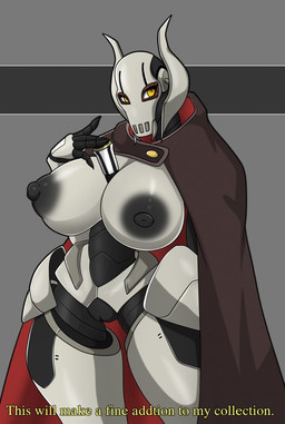 areola armor big_breasts breasts cape clothed clothing crossgender cybernetics female genitals huge_breasts looking_at_viewer machine melee_weapon mtf_crossgender nipples not_furry simple_background solo text vulva weapon yellow_eyes zzvinniezz star_wars general_grievous alien cyborg humanoid kaleesh mammal robot digital_media_(artwork)