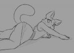 anthro breasts butt clothed clothing dress female looking_back lying on_front simple_background solo suggestive paoguu super_planet_dolan shima_luan domestic_cat felid feline felis mammal 2017 monochrome