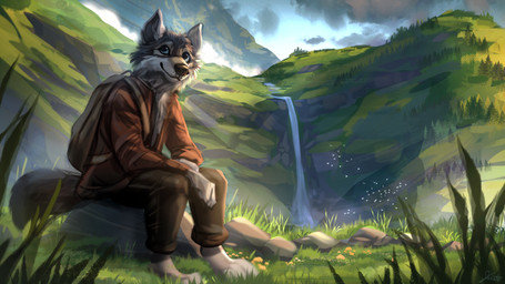 3_toes anthro backpack barefoot blue_eyes clothed clothing detailed_background feet landscape male outside sitting solo toes waterfall jacato mythology rakan canid canine canis mammal mythological_canine mythological_creature werecanid werecanine werecreature werewolf wolf 16:9 2020 digital_media_(artwork) digital_painting_(artwork) hi_res painting_(artwork) widescreen