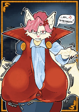 annoyed anthro back_wings big_breasts breasts button_(fastener) cheek_tuft clothed clothing dialogue facial_tuft fangs female hair hanging_breasts huge_breasts hyper hyper_breasts inner_ear_fluff nails nipple_outline onomatopoeia pale_fur pink_hair pink_nose red_eyes solo sound_effects talking_to_viewer teeth text tuft wings geeltwohaahs tsukareta-inu_no_anime victoria_(tsukareta-inu_no_anime) bat mammal vampire 2_frame_animation animated digital_media_(artwork) hi_res