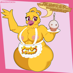 anthro apron apron_only areola beak big_breasts breasts clothing dialogue embarrassed eyeshadow feathers female food front_view head_feathers head_tuft holding_food holding_object looking_at_viewer makeup nipple_slip nipples non-mammal_breasts non-mammal_nipples pink_areola pink_background pink_eyes pink_eyeshadow pink_nipples simple_background solo speech_bubble talking_to_viewer text thick_thighs tuft white_apron white_clothing wide_hips yellow_body yellow_feathers thenarrator34 five_nights_at_freddy's five_nights_at_freddy's:_secret_of_the_mimic scottgames chica_(fnaf) party_time_chica_(fnaf) avian bird chicken galliform phasianid hi_res