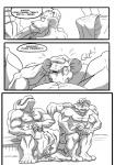 2014 anthro balls big_balls big_dom_small_sub canid canine comic deep_throat dialogue digital_drawing_(artwork) digital_media_(artwork) dominant english_text erection eyes_closed feet fellatio fur generation_1_pokemon genitals greyscale group group_sex hi_res humanoid kneeling machamp machoke male male/male male_penetrated male_penetrating male_penetrating_male mammal monochrome mouse murid murine muscular nintendo oral oral_penetration penetration penile penis pokemon pokemon_(species) rodent ryusuke573 sex sitting size_difference spa teeth text threesome towel trio xalex14