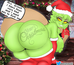 all_fours anthro areola armwear bedroom_eyes big_breasts big_butt breasts bubble_butt butt christmas_clothing christmas_headwear christmas_stocking clothed clothed_anthro clothed_female clothing detailed_background dialogue elbow_gloves female fingers gloves green_body green_hair hair half-closed_eyes handwear hat head_turned headgear headwear holding_sack holidays huge_butt humanoid_hands ineffective_clothing looking_at_viewer looking_back medium_hair narrowed_eyes nipple_dip nipples offscreen_character photo_background presenting presenting_hindquarters rear_view red_clothing red_eyes red_gloves red_handwear sack santa_hat seductive shadow skimpy smile solo talking_to_another text thick_thighs wide_hips yellow_sclera crazypearl christmas dr._seuss how_the_grinch_stole_christmas! the_grinch mammal species_request artist_name colored english_text mixed_media photography_(artwork) shaded