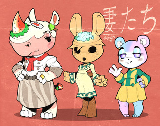 3_toes 4_fingers accessory anthro blush blush_lines bottomwear breasts clothing dot_eyes dress eyelashes feet female fingers flower food fruit group hair_accessory hairclip hand_on_hip lineup lips multicolored_body narrowed_eyes pink_body plant red_background ring scarf simple_background simple_eyes skirt smile standing star_eyes strawberry tail thick_bottom_lip toes trio danigrex2n animal_crossing nintendo coco_(animal_crossing) judy_(animal_crossing) merengue_(animal_crossing) bear gyroid lagomorph leporid mammal rabbit rhinoceros 2026 absurd_res digital_media_(artwork) hi_res signature