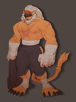 abs anthro barazoku beard bloody_knuckles bottomwear clothed clothing dried_blood facial_hair fist hair hand_wraps hat headgear headwear holding_clothing holding_jacket holding_object holding_topwear jacket leaf leaf_in_mouth male mane mature_male muscular muscular_anthro muscular_male nipples pants pecs scar simple_background solo tail topless topless_anthro topless_male topwear white_hair wraps fonzu bandai_namco digimon bancholeomon digimon_(species) felid lion mammal pantherine 3:4 hi_res