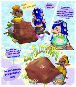 after_vore belly big_belly blonde_hair blue_hair brown_body brown_skin cake dessert female female_pred female_prey food group hair huge_belly overweight simple_background text toony vore malachi21148 nintendo splatoon callie_(splatoon) frye_(splatoon) marie_(splatoon) shiver_(splatoon) aquatic cephalopod inkling mollusk 2026 detailed hi_res shaded soft_shading