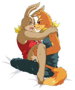 anthro anthro_on_anthro bed_sheet bedding bodily_fluids clothed clothing duo eyewear glasses male male/male predator/prey sex sunglasses sweat hemo nintendo star_fox james_mccloud peppy_hare canid canine fox hare lagomorph leporid mammal