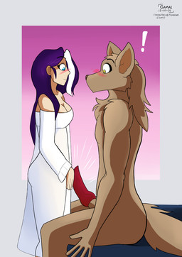 animal_genitalia animal_penis anthro bed blue_eyes blush breasts brown_body brown_fur canine_genitalia canine_penis cleavage clothed clothing dress duo erection female female_on_anthro fur furniture genitals hair human_on_anthro interspecies knot knotted_penis long_hair male male/female penis purple_hair yellow_eyes gamal twokinds maren_taverndatter sythe_(twokinds) canid canine canis human keidran mammal wolf