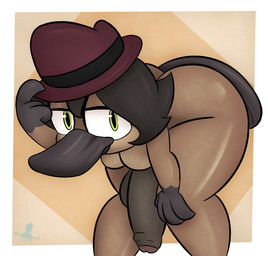 4_fingers anthro balls bent_over big_eyes big_penis breasts brown_body brown_fur brown_glans brown_hair brown_penis butt clothing countershade_torso countershading fedora fingers flaccid foreskin fur genitals glans gynomorph hair hat hat_only headgear headgear_only headwear headwear_only humanoid_genitalia humanoid_penis intersex looking_at_viewer looking_forward mostly_nude mostly_nude_anthro mostly_nude_gynomorph mostly_nude_intersex penis simple_background solo thick_thighs yellow_eyes whynotwynaut keahi_(miso_souperstar) mammal monotreme platypus 2022 digital_media_(artwork) hi_res shaded signature