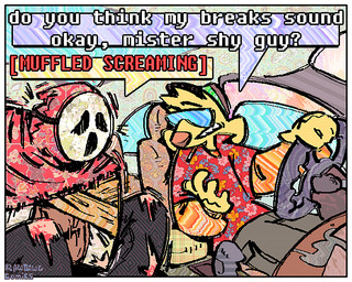4_fingers aloha_shirt anthro border car cigarette clothing dialogue driving duo eyewear fingers fur hat headgear headwear inside_car inside_vehicle male pattern_clothing pattern_shirt pattern_topwear shirt sunglasses teeth text topwear vehicle white_border yellow_body yellow_fur rawdawgcomics mario_bros nintendo rawdawgcomics_(series) stahli_(rawdawgcomics) canid canine canis domestic_dog mammal shyguy 5:4 artist_name digital_media_(artwork) english_text