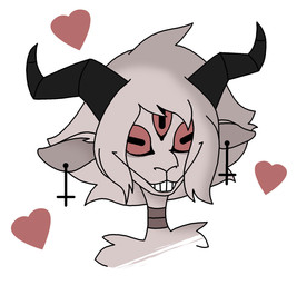 3_eyes ambiguous_gender collar cross ear_piercing ears_down fluffy grin hair heart_symbol horn inverted_cross long_hair looking_at_viewer multi_eye piercing pivoted_ears red_sclera smile solo teeth kreatiivfox bovid caprine demon goat mammal hi_res