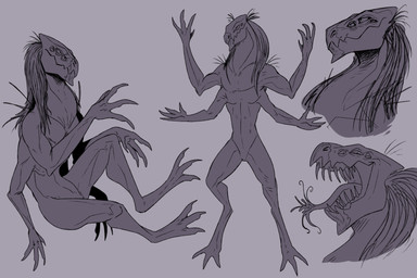3_toes 4_arms 4_fingers 6_eyes feet fingers front_view grey_body grey_scales hair long_hair male mouth_closed multi_arm multi_eye multi_limb nude open_mouth scales sharp_teeth simple_background solo standing teeth three-quarter_view toes tongue tongue_out unsigned unusual_anatomy unusual_tongue swampjaws monster absurd_res hi_res