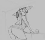 anthro anus big_butt breasts butt clothed clothing dress female grey_background hair hat headgear headwear long_hair looking_back simple_background solo hidden_(artist) domestic_pig mammal suid suine sus_(pig) 2018 hi_res monochrome sketch