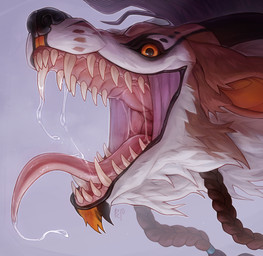 beard bodily_fluids braided_hair dripping drooling facial_hair fangs feral fur hair horn male mouth_shot open_mouth orange_eyes pink_tongue saliva saliva_drip saliva_on_tongue saliva_string sharp_teeth solo teeth tongue white_body white_fur belo mythology dragon eastern_dragon mythological_creature mythological_scalie scalie absurd_res hi_res