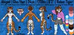 animal_print bottomwear breasts clothing female genitals hoodie legwear machine pussy shorts stripes text thigh_highs tiger_print topwear raevi10 felid feline mammal pantherine robot robot_anthro tiger english_text hi_res model_sheet url