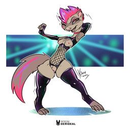 4_toes anthro areola bare_breasts biped breasts brown_body brown_fur choker clothed clothed_anthro clothed_female clothing crotchless_clothing dancing exposure_variation facial_markings feet female fishnet_clothing fishnet_topwear fur genitals gloves hair handwear happy head_markings ineffective_clothing innie_vulva jewelry latex latex_clothing latex_gloves latex_handwear latex_legwear latex_thigh_highs latex_topwear legwear markings mask_(marking) motion_lines multicolored_tail narrowed_eyes naughty_face necklace nipples one_eye_closed open_mouth open_smile orange_eyes patreon_username pink_hair pose purple_hair short_hair simple_background skimpy slim small_breasts smile solo tail teeth thigh_highs toes topwear vulva kiaun brolly_ferret domestic_ferret mammal mustelid musteline true_musteline weasel 1:1 2025 colored dated digital_media_(artwork) full-length_portrait hi_res portrait signature