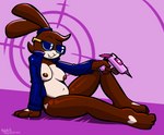 3_toes 4_fingers abstract_background anthro big_breasts blue_clothing blue_eyewear blue_jacket blue_sunglasses blue_topwear bottomless breasts brown_body brown_fur brown_hair brown_nipples buckteeth clothed clothing eyebrows eyewear feet female fingers fur gun hair heart_(marking) holding_gun holding_object holding_ranged_weapon holding_weapon jacket markings nipples open_clothing open_jacket open_topwear pink_background pose raised_eyebrow ranged_weapon shirtless simple_background solo sunglasses tan_body tan_fur teeth toes topwear weapon felino gun_bunny_(felino) lagomorph leporid mammal rabbit 2023