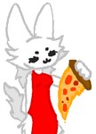 :3 anthro clothing dress female food fur pizza red_clothing red_dress simple_background simple_coloring simple_face smile solo tail white_background jellyell domestic_cat felid feline felis mammal hi_res